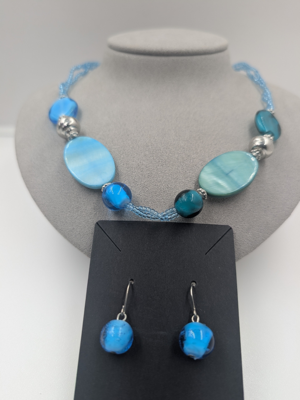 Aqua Blue Glass Bead Statement Necklace Earrings Set Turquoise 0635